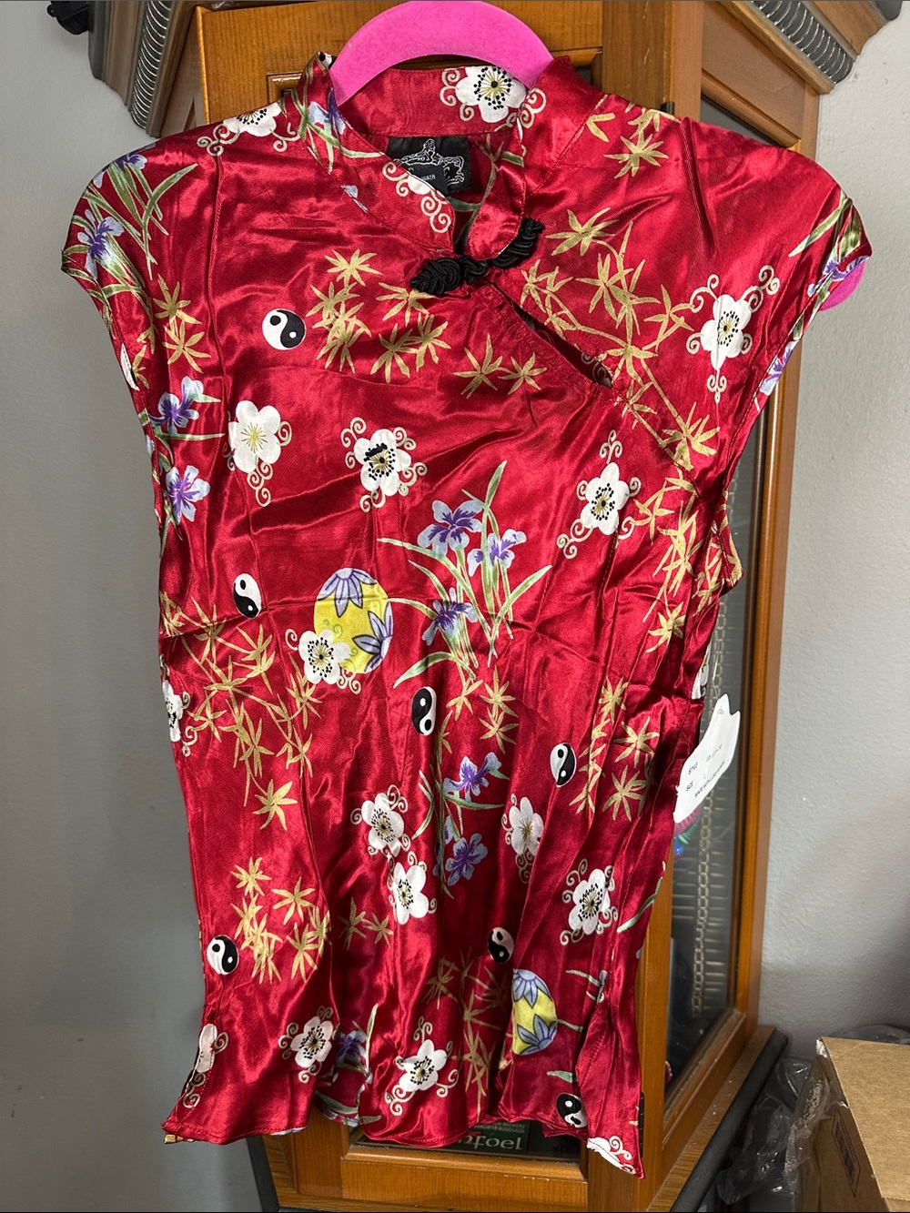 Angie Red Satin Floral Mandarin-Style Tunic